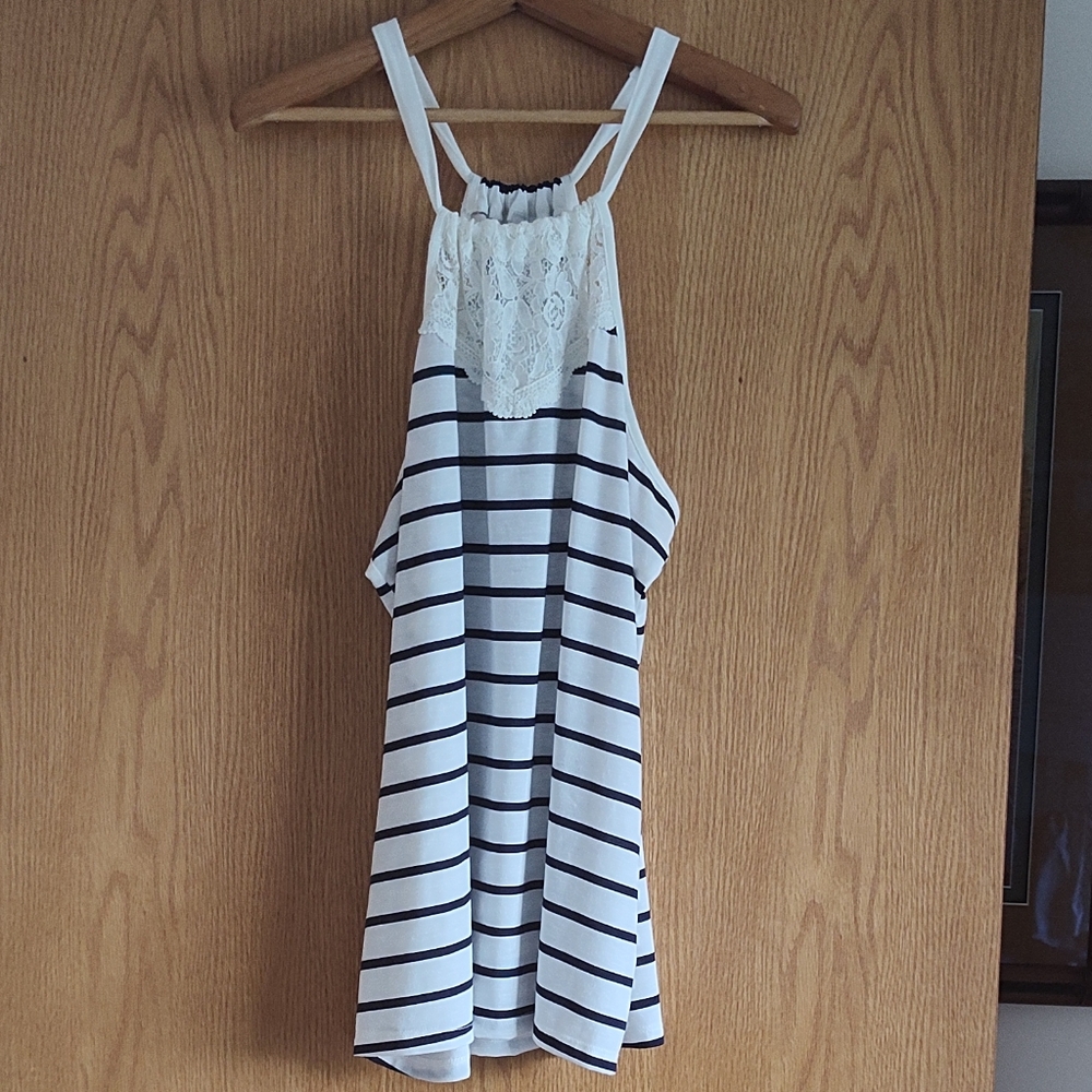 Vanity Halter Top NWT L Blue White Stripe